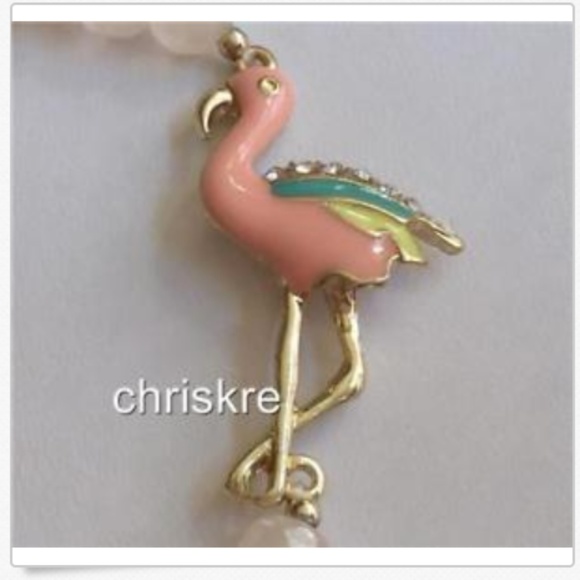 Pink Flamingo Charm Bracelet Freshwater White Pearl Palm Tree Gold Tone Beaded - Picture 4 of 9